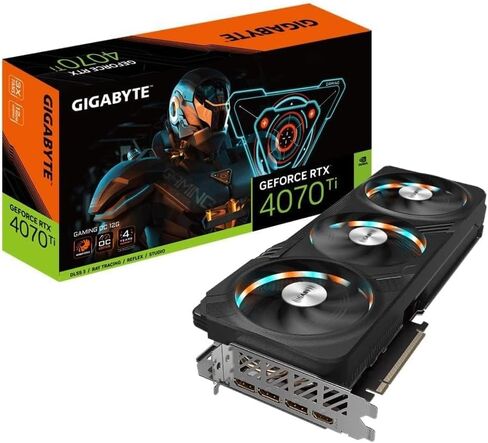 بطاقة رسومات Gigabyte GeForce RTX 4070 TI Gaming OC 12GB - 12GB DDRX6 21Gbps 192bit، PCI-E 4.0، Core 2565Mhz، RGB، DisplayPort 1.4، HDMI 2.1a، NVIDIA DLSS 3، GV-N407TGAMING OC-12GD in Kuwait