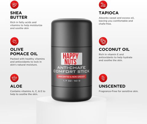 HAPPY NUTS Anti-Chafe Comfort Stick for Men: Ultimate Friction Defense & Chafing Prevention for Active Lifestyles - Perfect for Runners, Cyclists, and Active Men Who Experience Chafing (Unscented) in Saudi Arabia