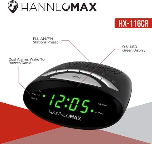 HANNLOMAX HX-116CR Alarm Clock Radio, PLL AM/FM Radio, Dual Alarm, 0.6" Green LED Display (Black) in Saudi Arabia