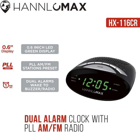 HANNLOMAX HX-116CR Alarm Clock Radio, PLL AM/FM Radio, Dual Alarm, 0.6" Green LED Display (Black) in Saudi Arabia
