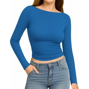 MANGOPOP Long Sleeve Shirts for Women Boat Neck Top Slim Fit T Shirt Tight Tops Tee
