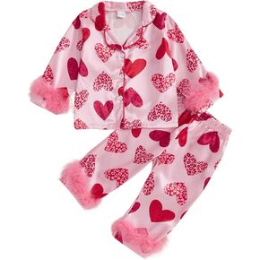 MAINESAKA Toddler Girl Button Down Pajamas Set Cute Bow Print Feather Trim Long Sleeve Sleep Shirt + Pants Set Girls Fall Pjs