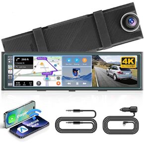 كاميرا سيارة Hikity الأمامية والخلفية لاسلكية Apple CarPlay Android Auto، كاميرا قياس 11.26 بوصة ذكية Carplay مع كاميرات بلوتوث مزدوجة وشاشة AUX سبليت وكاميرا رؤية خلفية 1080 بكسل