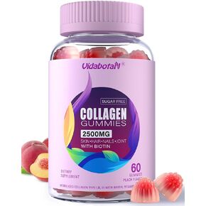 Sugar Free Collagen Gummies for Women, Super Strength 2500mg Hydrolyzed Collagen Peptides Gummies with Biotin,Vitamin D3,E,C,B12,Zinc for Skin, Nail, Hair,Bone,Joint–Natural Peach Flavor,120 Gummies