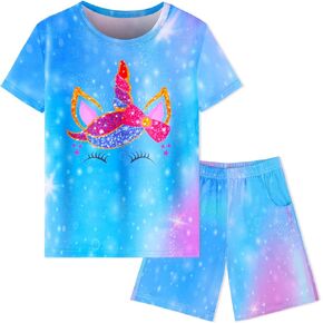 Nidoul Girls Pajamas Tie Dye Mermaid Unicorn Summer Pjs Short Sleeve 2 Piece Sleepwear Kids Nightwear 5T-10 in Kuwait