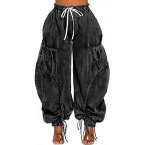 Women's Barrel Jeans Boyfriend High Waisted Baggy Jeans Bow Tie Cargo Sweatpants with Drawstring Streetwear