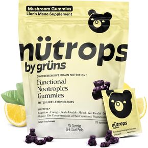 Grüns Nütrops Sugar-Free Mushroom Gummies - Herbal Brain Supplement Gummy with Lions Mane, Cordyceps, Reishi, Maitake, Chaga & Coriolus Blend for Energy, Memory, Mood & Focus - Functional Nootropics