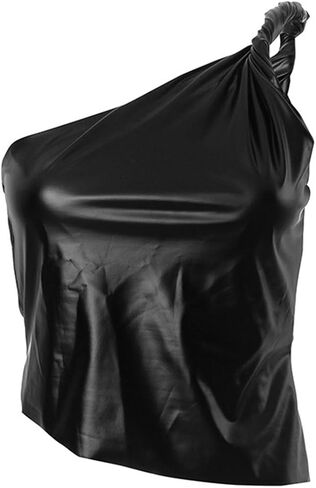 Women's PU Leather Tank Crop Top Mock Neck Sleeveless Asymmetrical Ruched One Shoulder Pleated T-Shirt in Saudi Arabia