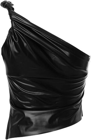 Women's PU Leather Tank Crop Top Mock Neck Sleeveless Asymmetrical Ruched One Shoulder Pleated T-Shirt in Saudi Arabia
