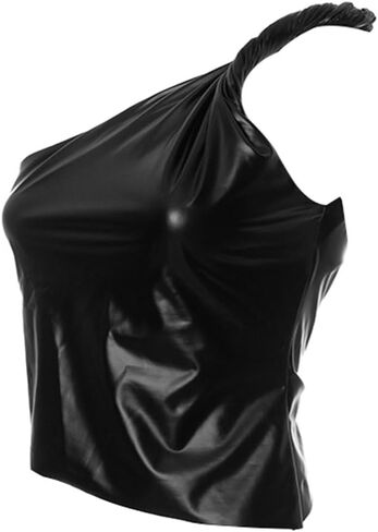 Women's PU Leather Tank Crop Top Mock Neck Sleeveless Asymmetrical Ruched One Shoulder Pleated T-Shirt in Saudi Arabia