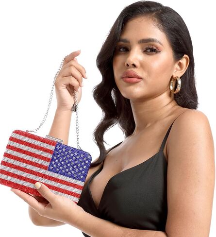 Boutique De FGG حقيبة يد نسائية مصنوعة من الكريستال بعلم أمريكي على شكل قلب وحقائب يد للسهرة وحفلات العشاء والكوكتيل، صغيرة in Kuwait