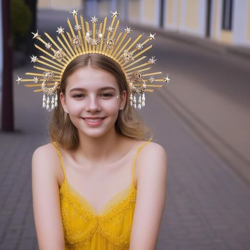 Bubbmi Women Sun Goddess Hair Band Mary Halo Crown Sunburst Headband Costume Party Cosplay Wedding Photoshoot Festival Headpiece in Kuwait