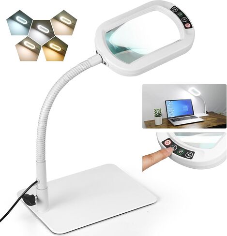 Veemagni 10X Rectangle Magnifying Glass with Light and Stand, Flexible Gooseneck LED Lighted Desk Lamp, 5 Color Modes Stepless Dimmable, Hands Free Magnifier for Reading Crafts Painting Close Work in Saudi Arabia