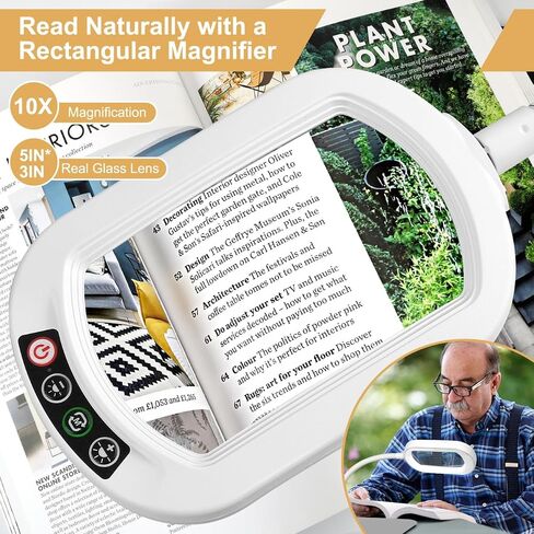 Veemagni 10X Rectangle Magnifying Glass with Light and Stand, Flexible Gooseneck LED Lighted Desk Lamp, 5 Color Modes Stepless Dimmable, Hands Free Magnifier for Reading Crafts Painting Close Work in Saudi Arabia
