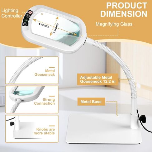 Veemagni 10X Rectangle Magnifying Glass with Light and Stand, Flexible Gooseneck LED Lighted Desk Lamp, 5 Color Modes Stepless Dimmable, Hands Free Magnifier for Reading Crafts Painting Close Work in Saudi Arabia