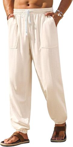 Runcati Men's Casual Pants Elastic Waist Drawstring Summer Jogger Pants Cotton Yoga Beach Trousers with Pockets in Saudi Arabia
