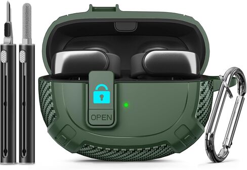 غطاء حافظة سماعات الأذن Bose Ultra Open (2024) مع مجموعة تنظيف، غطاء صلب عسكري مع قفل لملحقات حقيبة شحن سماعات الأذن Bose المفتوحة مع سلسلة مفاتيح للرجال والنساء (أسود) in Kuwait