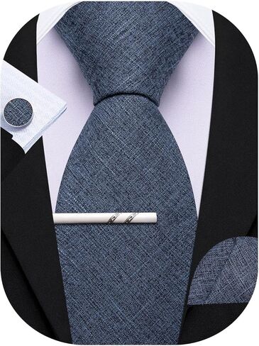 YOHOWA Extra Long Men's Tie Set with Clip Wool Linen Solid Checkered Business Wedding Neckties Handkerchief Cufflinks in Kuwait