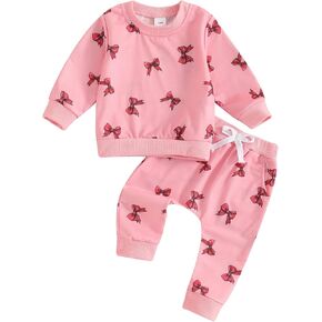FIOMVA Baby Girl Clothes Long Sleeve Heart Print Sweatshirt Pullover Top+Long Pants Headband Set Valentine's Day Outfits