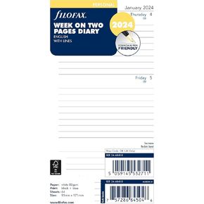 Filofax Calendar Diary Refill, Personal/Compact Size, Week-to-View, White Paper, Ruled, English, 2025 (C68418-25)