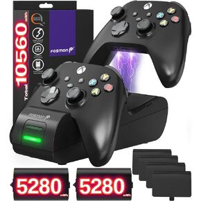 فوسمون شاحن ذراع تحكم مزدوج متوافق مع Xbox One، One X، One S، (فتحة مزدوجة) قاعدة شحن عالية السرعة مع بطاريتين قابلتين لاعادة الشحن (اسود) in Kuwait
