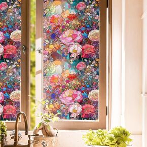 Golden Yellow Blue Leaf Mosaic Window Films Decorative Double-Side Privacy Film Self-Adhesive Static Glass Window Clings Stickers for Living Room Bathroom Glass Windows Decor