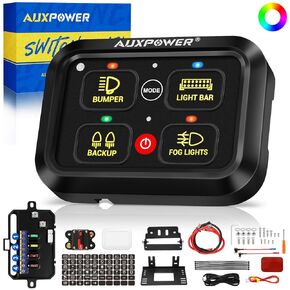 RGB 4 Gang Switch Panel A24 Auxiliary Switch Panel with Relays Box 3 Lighting Modes Auto Dimmable Backlit Switch Panel 12V Waterproof Off Road Control Panel for Truck Marine UTV Car