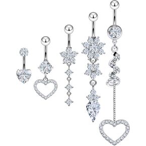 Vsnnsns Belly Button Ring Dangle Belly Rings 14G Stainless Surgical Steel Reverse Belly Button Piercing Heart CZ Flower Belly Rings Dangling Belly Button Ring Navel Piercing Jewelry for Women
