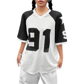 SHENHE Women's Letter Star Print Oversized Top Colorblock Short Sleeve Mesh Tshirt Blokecore Football Jerseys Tops