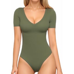 MANGOPOP Deep V Neck Bodysuits for Women Short Sleeve Body Suits Sexy Going Out Tops (Olive Green, Medium)