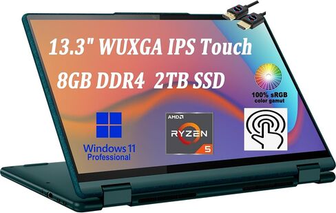 Lenovo Yoga 6 13 2-in-1 Laptop I 13.3" WUXGA IPS 100% sRGB Touchscreen I AMD 6-Core Ryzen 5 5500U (>i7-10510U) I 8GB DDR4 256GB SSD I Backlit Fingerprint HDMI Win11 Pro Dark Teal + HDMI Cable in Saudi Arabia