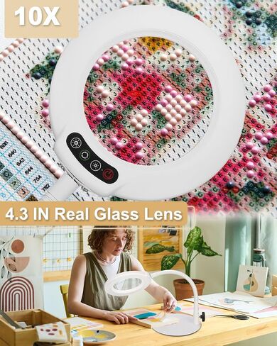 Veemagni 10X Magnifying Glass with Light, 5 Color Modes Stepless Dimmable Flexible Gooseneck LED Hands-Free Desk Lamp, Stand Lighted Magnifier for Crafts, Sewing, Reading, Painting, Hobby, Close Work in Saudi Arabia