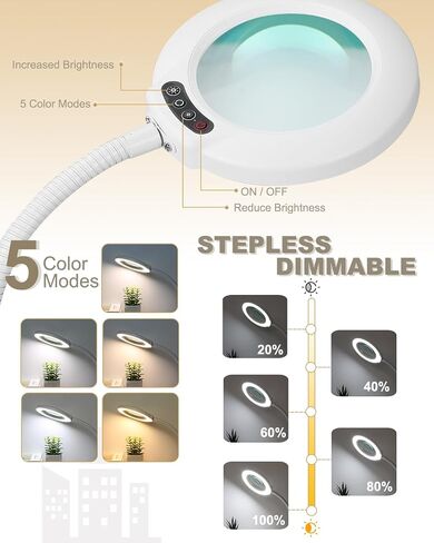 Veemagni 10X Magnifying Glass with Light, 5 Color Modes Stepless Dimmable Flexible Gooseneck LED Hands-Free Desk Lamp, Stand Lighted Magnifier for Crafts, Sewing, Reading, Painting, Hobby, Close Work in Saudi Arabia