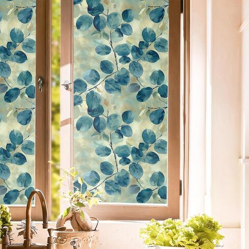Golden Yellow Blue Leaf Mosaic Window Films Decorative Double-Side Privacy Film Self-Adhesive Static Glass Window Clings Stickers for Living Room Bathroom Glass Windows Decor in Kuwait