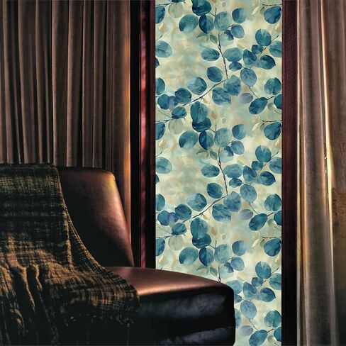 Golden Yellow Blue Leaf Mosaic Window Films Decorative Double-Side Privacy Film Self-Adhesive Static Glass Window Clings Stickers for Living Room Bathroom Glass Windows Decor in Kuwait