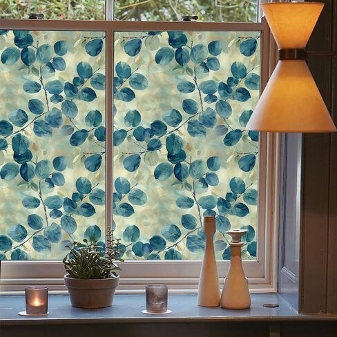 Golden Yellow Blue Leaf Mosaic Window Films Decorative Double-Side Privacy Film Self-Adhesive Static Glass Window Clings Stickers for Living Room Bathroom Glass Windows Decor in Kuwait