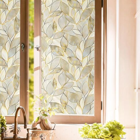 Golden Yellow Blue Leaf Mosaic Window Films Decorative Double-Side Privacy Film Self-Adhesive Static Glass Window Clings Stickers for Living Room Bathroom Glass Windows Decor in Kuwait