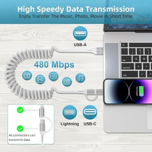 Multi Coiled Lightning Cable [MFi Certified] 5 in 1 Coiled iPhone Charger Cable with Lightning(2.4A+Data+Carplay+Geen LED), Type C(2A), Lightning(2A), No compatible with iPhone 15 Carplay/Android Auto in Saudi Arabia