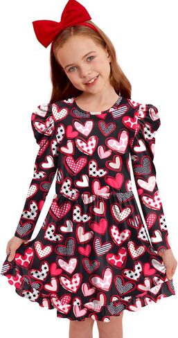 BesserBay Girls Valentine's Day Heart Print Puff-Shoulder Midi Dress 2-10 Years in Kuwait