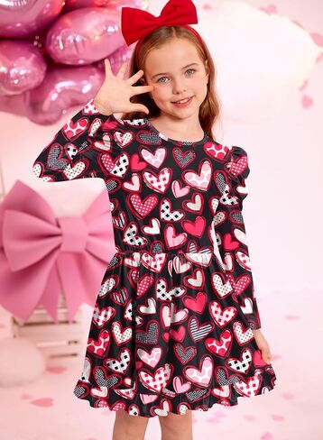 BesserBay Girls Valentine's Day Heart Print Puff-Shoulder Midi Dress 2-10 Years in Kuwait
