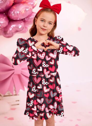 BesserBay Girls Valentine's Day Heart Print Puff-Shoulder Midi Dress 2-10 Years in Kuwait