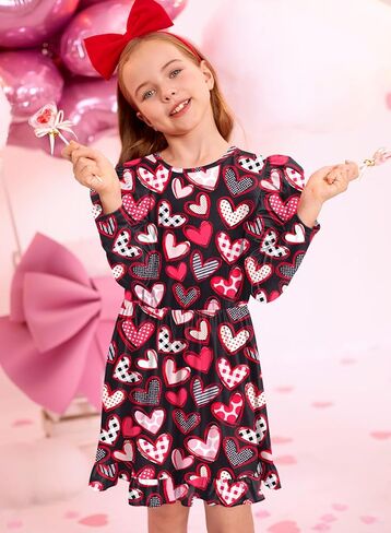 BesserBay Girls Valentine's Day Heart Print Puff-Shoulder Midi Dress 2-10 Years in Kuwait