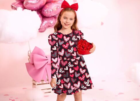 BesserBay Girls Valentine's Day Heart Print Puff-Shoulder Midi Dress 2-10 Years in Kuwait