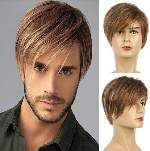 Baruisi Mens Wig Brown Short Layered Cosplay Hair Wig Synthetic Full Wigs for Male Guy in Saudi Arabia