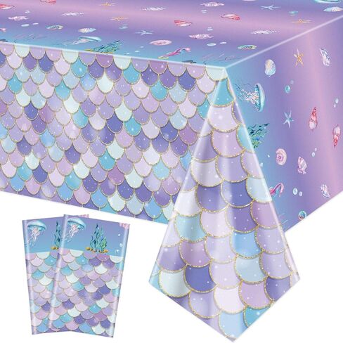 3 Pcs Mermaid Tablecloths, Mermaid Birthday Table Covers, Round Mermaid Ocean Sea Fish Scales Table Cloths for Girls Under The Sea Baby Shower Mermaid Party Supplies, 84 x 84 Inch in Kuwait