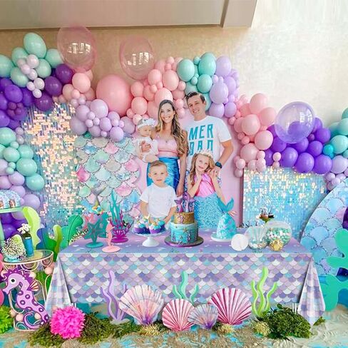 3 Pcs Mermaid Tablecloths, Mermaid Birthday Table Covers, Round Mermaid Ocean Sea Fish Scales Table Cloths for Girls Under The Sea Baby Shower Mermaid Party Supplies, 84 x 84 Inch in Kuwait