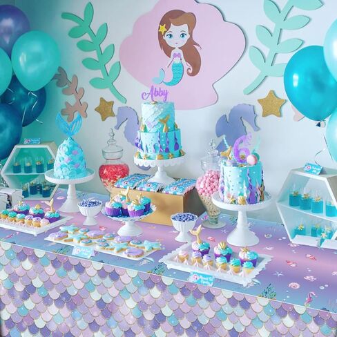 3 Pcs Mermaid Tablecloths, Mermaid Birthday Table Covers, Round Mermaid Ocean Sea Fish Scales Table Cloths for Girls Under The Sea Baby Shower Mermaid Party Supplies, 84 x 84 Inch in Kuwait