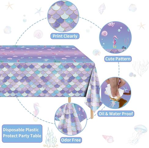 3 Pcs Mermaid Tablecloths, Mermaid Birthday Table Covers, Round Mermaid Ocean Sea Fish Scales Table Cloths for Girls Under The Sea Baby Shower Mermaid Party Supplies, 84 x 84 Inch in Kuwait