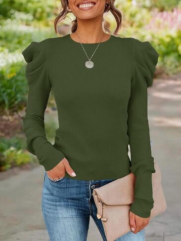 SENSERISE المرأة طويلة الأكمام نفخة البلوز البلوزات طاقم الرقبة عادية سليم صالح محبوك البلوز القمم in Kuwait