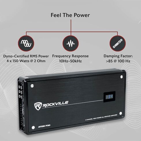 مضخم صوت Rockville Atom P20 Marine/ATV/Car بلوتوث بقدرة 1600 وات الذروة/440 وات RMS 4 قنوات مع عداد فولت، أسود in Kuwait